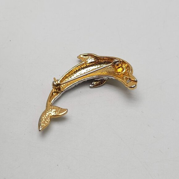 Gold Silver Dolphin Pin With Blue Clear Rhinestones Elegant Ocean-Inspired - Picture 3 of 4